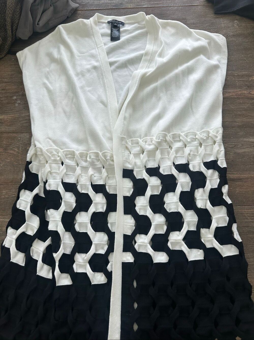 Lafayette 148 New York Open Front Knit Sleeveless Cardigan White Black Size L